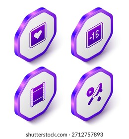 Video Conjunto Isométrico Como corazón, Plus 16 película, Play y Thriller icono. Botón hexagonal púrpura. Vector