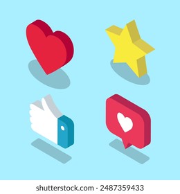 Set of isometric Like icons. Vector heart, star and thumbs up illustration. Review, notification or sympathy 3D symbols