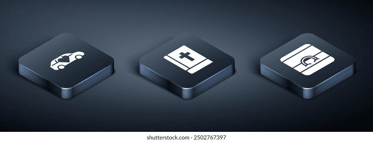 Set Isometric Limousine car, Wedding rings and Holy bible book icon. Vector