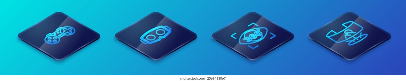 Set Isometric line 360 degree view, Gamepad,  and Virtual reality glasses icon. Vector