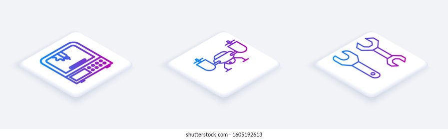 Set Isometric line 3D printer, Drone flying with action camera and Spanner. White square button. Vector