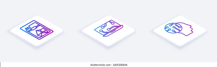 Set Isometric line 3D printer, Laptop and Human brain as digital circuit board. White square button. Vector