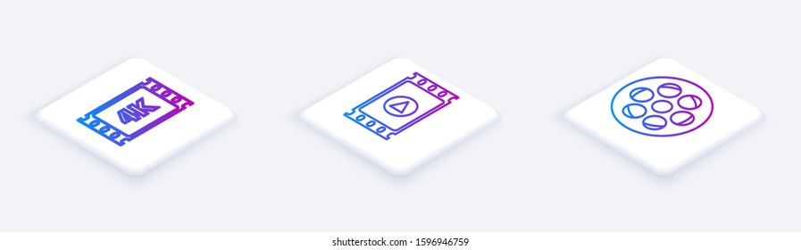 Set Isometric line 4k movie, tape, frame , Play Video  and Film reel . White square button. Vector