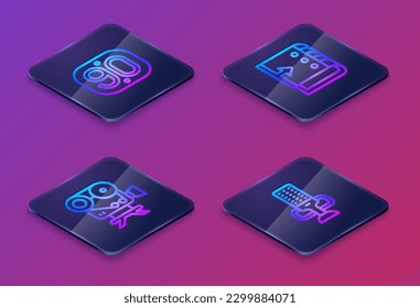 Ajuste la línea isométrica 90s Retro, cámara de cine, controlador de mezclador de sonido y micrófono. Botón cuadrado azul. Vector