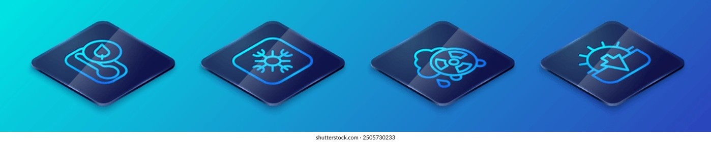 Set Isometric line Acid rain radioactive cloud, Thermometer, Sunset and Snowflake icon. Vector