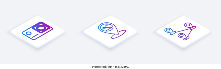 Set Isometric line Action extreme camera, Map pointer with mountain and Route location. White square button. Vector