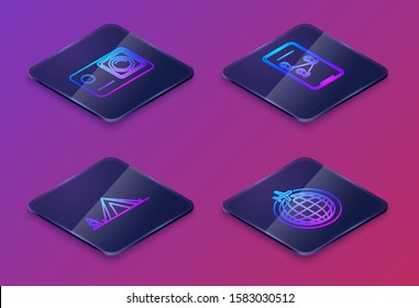 Set Isometric line Action extreme camera, Tourist tent with wood fire, Infographic of city map navigation and Globe with flying plane. Blue square button. Vector