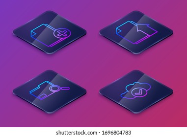 Establecer línea isométrica Agregar nuevo archivo, Buscar con carpeta, Cargar documento de archivo y Nube con marca de verificación. Botón cuadrado azul. Vector