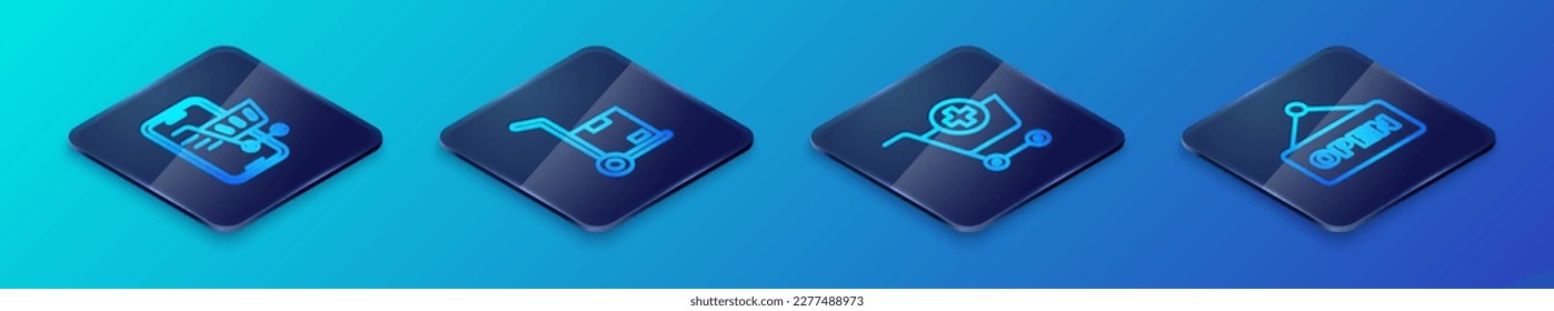 Set Isometric line Add to Shopping cart, Mobile with shopping, Hanging sign text Open and Hand truck and boxes icon. Vector