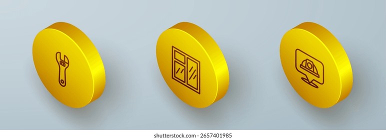 Set Isometric line Adjustable wrench, Window in room and Worker safety helmet icon. Vector