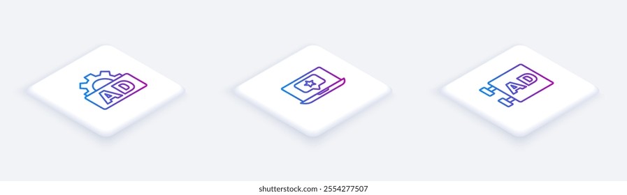 Set Isometric line Advertising, Laptop with star and . White square button. Vector