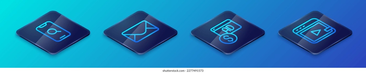 Set Isometric line Advertising, Magnifying glass and mobile, Video advertising and Mail e-mail icon. Vector