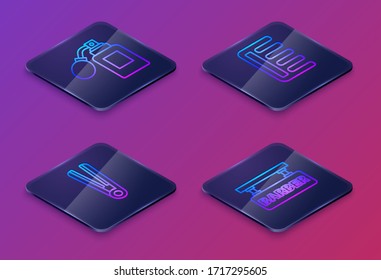 Set Isometric line Aftershave bottle with atomizer, Curling iron for hair, Hairbrush and Barbershop. Blue square button. Vector
