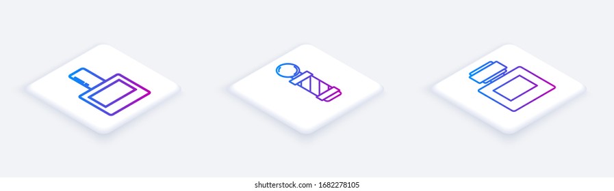 Set Isometric line Aftershave, Classic Barber shop pole and Aftershave. White square button. Vector
