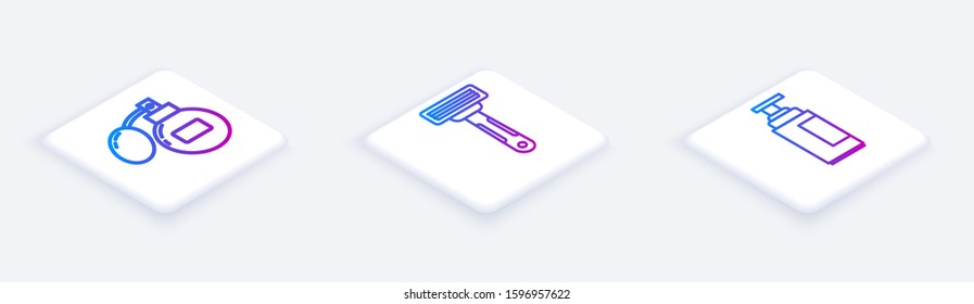 Set Isometric line Aftershave, Shaving razor and Cream or lotion cosmetic tube. White square button. Vector