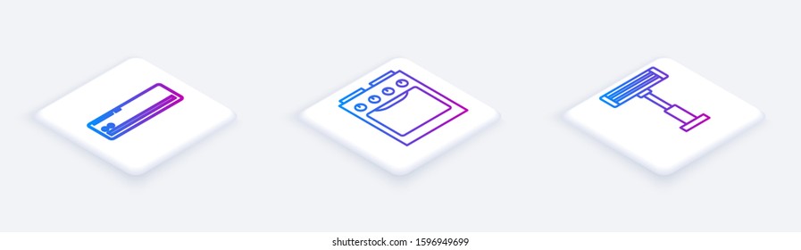 Set Isometric line Air conditioner , Oven  and Electric heater . White square button. Vector