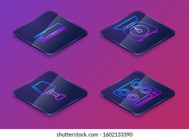 Set Isometric line Air conditioner , Table lamp , Scales  and Gas stove . Blue square button. Vector