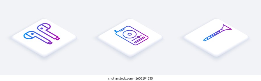 Set Isometric line Air headphones, Music player and Clarinet. White square button. Vector