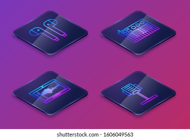 Set Isometric line Air headphones, Sound or audio recorder on laptop, Music synthesizer and Music stand. Blue square button. Vector