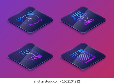Set Isometric line Alarm clock, Test tube and flask chemical laboratory test, Award cup and File document and paper clip. Blue square button. Vector