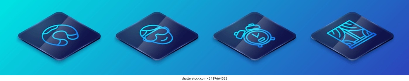 Set Isometric line Alarm clock, Travel neck pillow, Window with curtains and Eye sleep mask icon. Vector