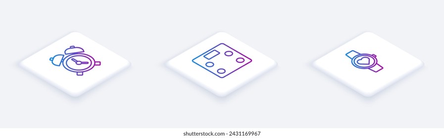 Set Isometric line Alarm clock, Bathroom scales and Smart watch. White square button. Vector