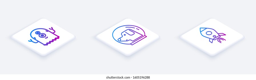 Set Isometric line Alien, Dog in astronaut helmet and Rocket ship with fire. White square button. Vector