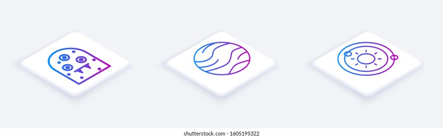 Set Isometric line Alien, Planet and Solar system. White square button. Vector