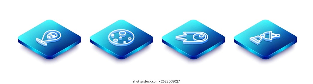 Set Isometric line Alien, Planet Mars, Comet falling down fast and Satellite dish icon. Vector
