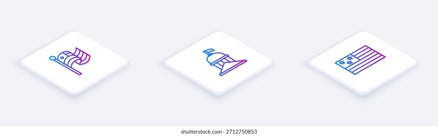 Set Isometric line American flag, White House and . White square button. Vector