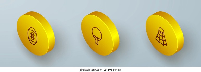 Set Isometric line American Football ball, Racket and Badminton shuttlecock icon. Vector