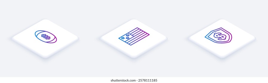 Set Isometric line American Football ball, flag and Shield with dollar. White square button. Vector