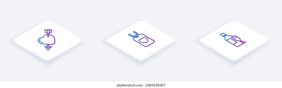 Set Isometric line Amour with heart and arrow, Heart tag and Champagne bottle. White square button. Vector