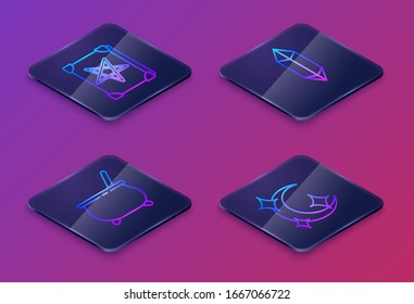 Set Isometric line Ancient magic book, Witch cauldron, Magic stone and Moon and stars. Blue square button. Vector