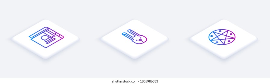 Set Isometric line Ancient magic book, Rabbit with ears and Pentagram in circle. White square button. Vector