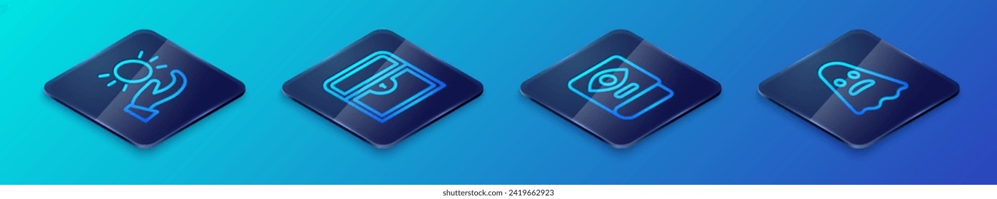 Set Isometric line Ancient magic book, Ball levitating above hand, Ghost and Antique treasure chest icon. Vector