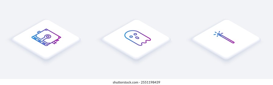 Set Isometric line Ancient magic book, Ghost and Magic wand. White square button. Vector