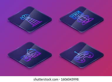 Set Isometric line Antenna, Smart home, Robot and Remote control. Blue square button. Vector