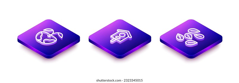 Set Isometric line Apple, Bird house and Seeds of specific plant icon. Vector