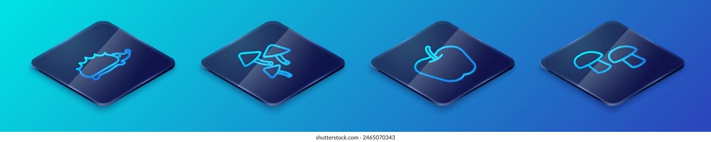 Set Isometric line Apple, Hedgehog, Mushroom and  icon. Vector
