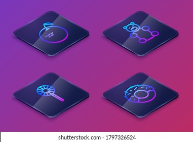 Set Isometric line Apple, Lollipop, Jelly bear candy and Donut. Blue square button. Vector