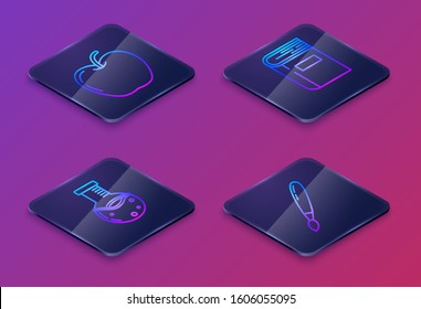 Set Isometric line Apple, Test tube and flask chemical laboratory, Book and Paint brush. Blue square button. Vector