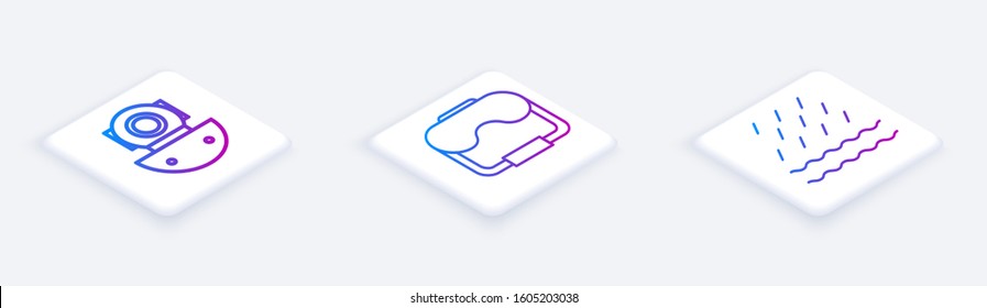 Set Isometric line Aqualung, Diving mask and Rain and waves. White square button. Vector