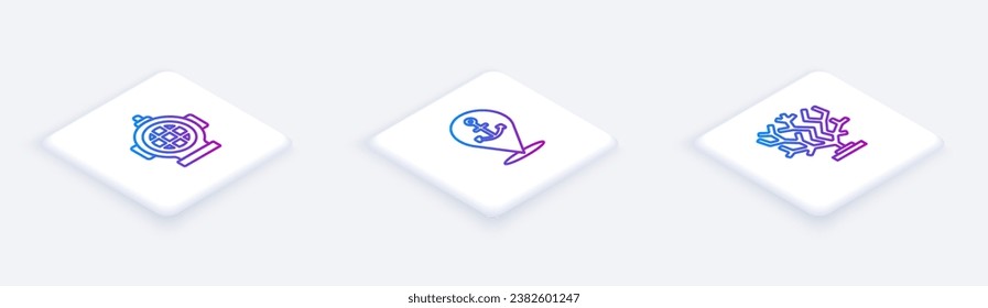 Set Isometric line Aqualung, Location with anchor and Coral. White square button. Vector