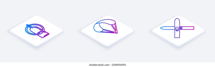 Set Isometric line Aqualung, Parachute and Ski and sticks. White square button. Vector