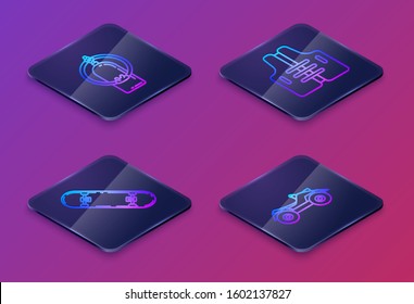 Set Isometric line Aqualung, Skateboard trick, Life jacket and All Terrain Vehicle or ATV motorcycle. Blue square button. Vector