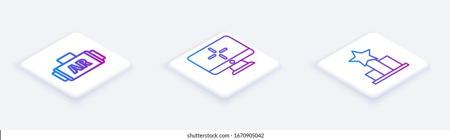 Set Isometric line Ar, augmented reality, Computer monitor and Star. White square button. Vector