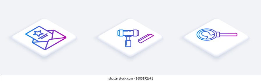 Set Isometric Line The Arrest Warrant, Judge Gavel And Magnifying Glass For Search. White Square Button. Vector