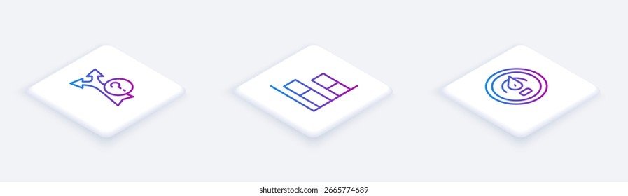Stellen Sie den isometrischen Linien-Pfeil, Graph, Diagramm, Diagramm und das digitale Geschwindigkeitsmessgerät ein. Weißer quadratischer Knopf. Vektorgrafik