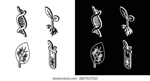 A set of isometric line art icons depicting DNA double helix structures, a young plant seedling with roots, a leaf with integrated DNA, and a test tube containing a DNA strand with a small sprout, presented in both black on white and white on black variations, symbolizing concepts in genetics, biotechnology, and plant science